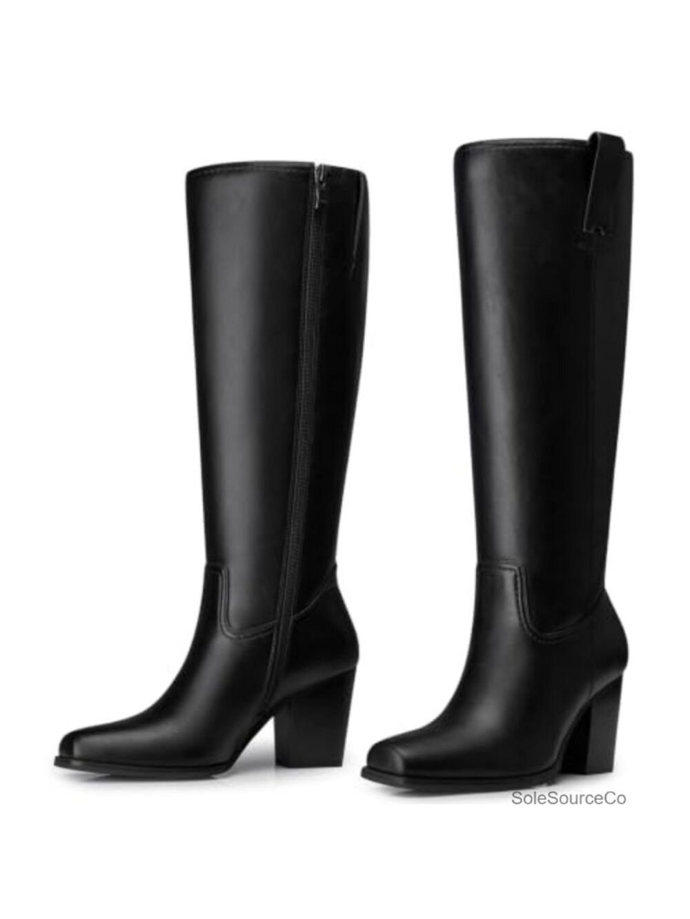 Women Knee High Boots PU Leather Suede Square Toe Chunky Block Heel Zip Comfort